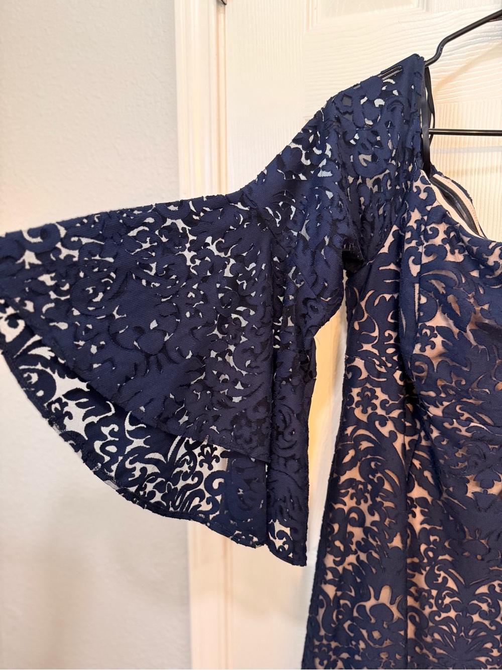 Xscape Navy Blue and Nude Lace Mini Dress